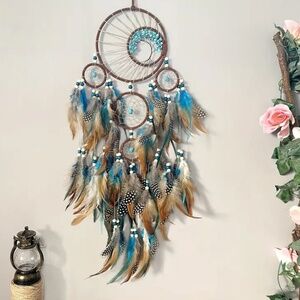 NIP! Blue & Brown Dream Catcher with 5 Round & a Turquoise Chip Wire Tree inside